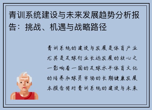 青训系统建设与未来发展趋势分析报告:挑战、机遇与战略路径 青训系统建设与未来发展趋势分析报告:挑战、机遇与战略路径