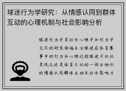 球迷行为学研究：从情感认同到群体互动的心理机制与社会影响分析